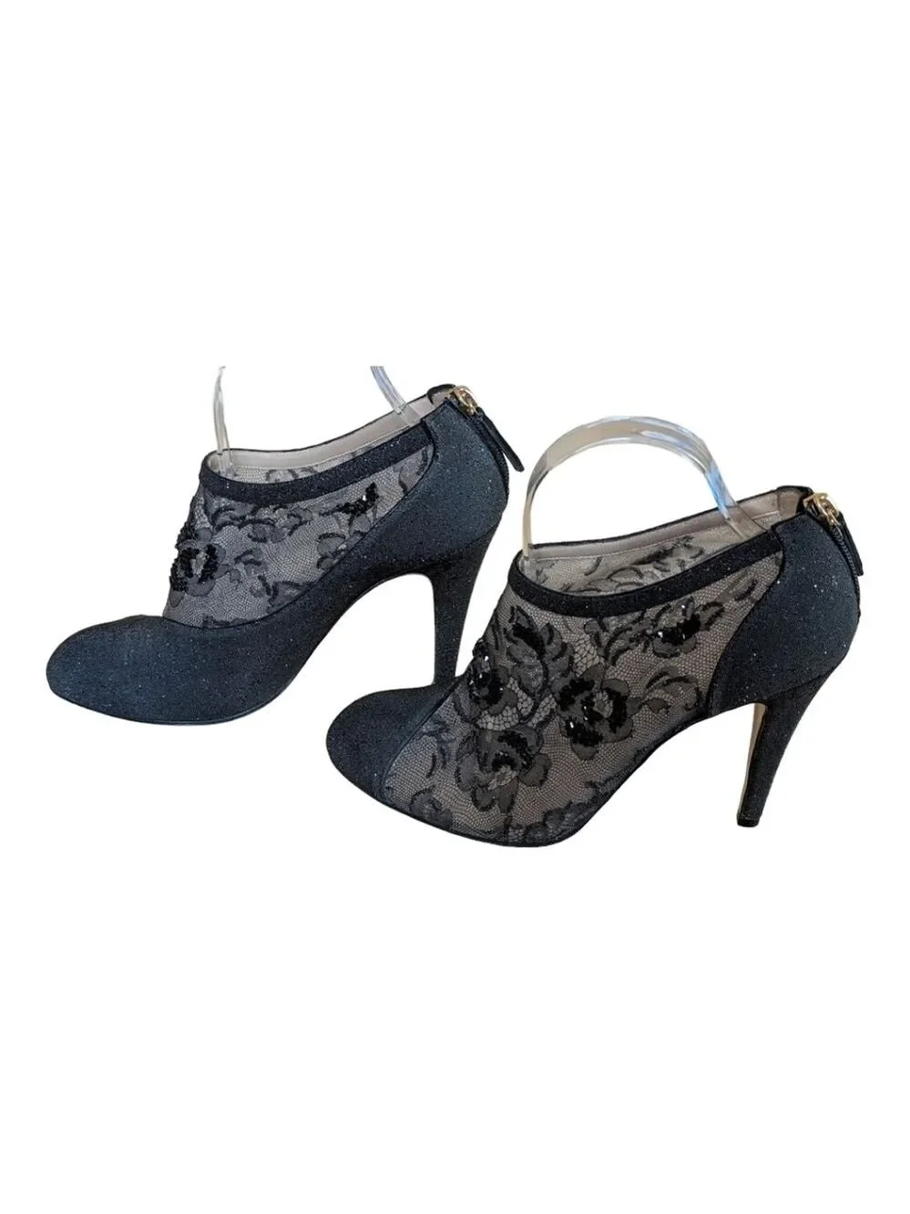 Valentino Garavani Women's Black Lace Heeled Crystal Shoes Size 10 US 40 EU
